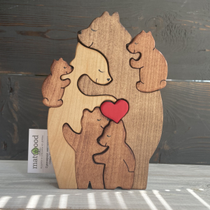 Семья медведей с сердцем с четырьмя медвежатами 11*15*2 см, Клён, Тонировка